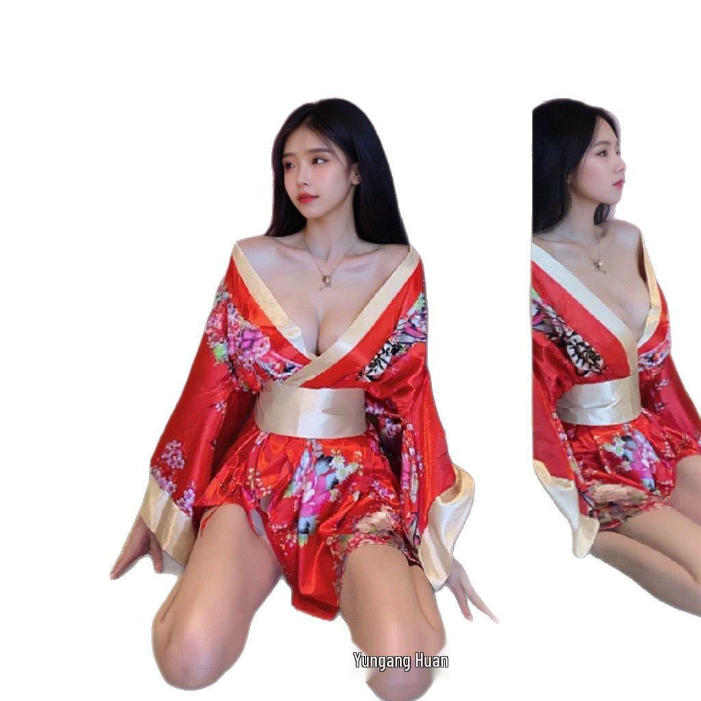 Persimmon Yumi Geisha Kimono Robe - Seductive Deep V Erotic Boudoir Nightgown