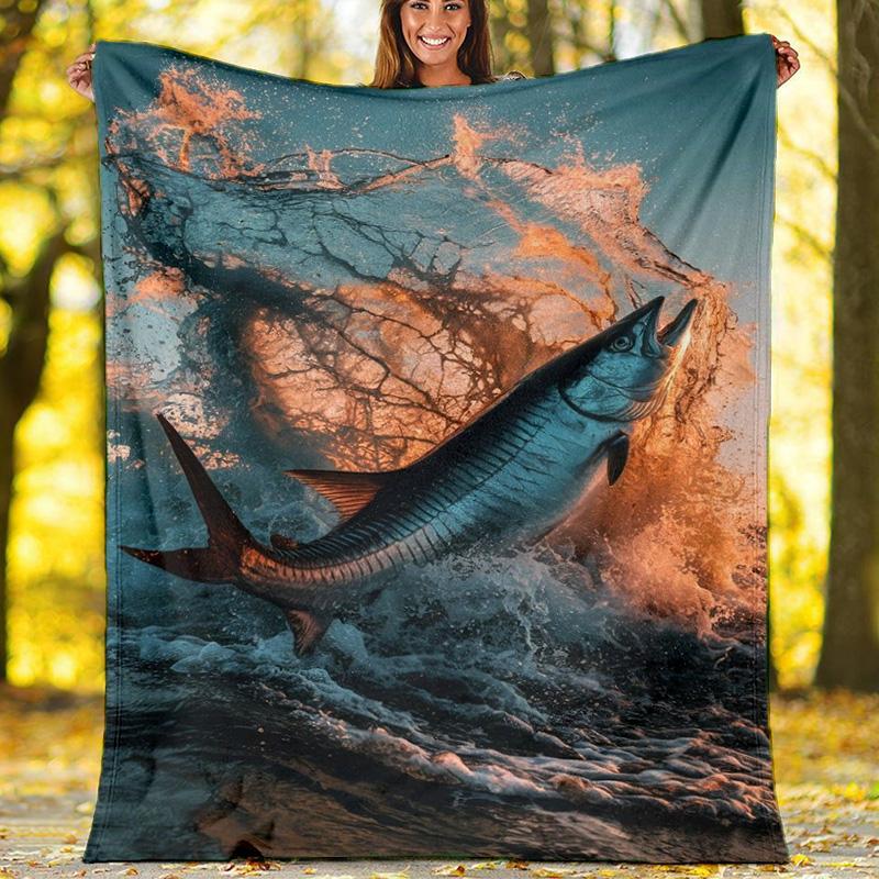 Orca Whale Jumping Ocean Scene Fleece Printed Flannel Blanket, Warm Soft Throw Sofa Bed Blanket 80cm x 120cm