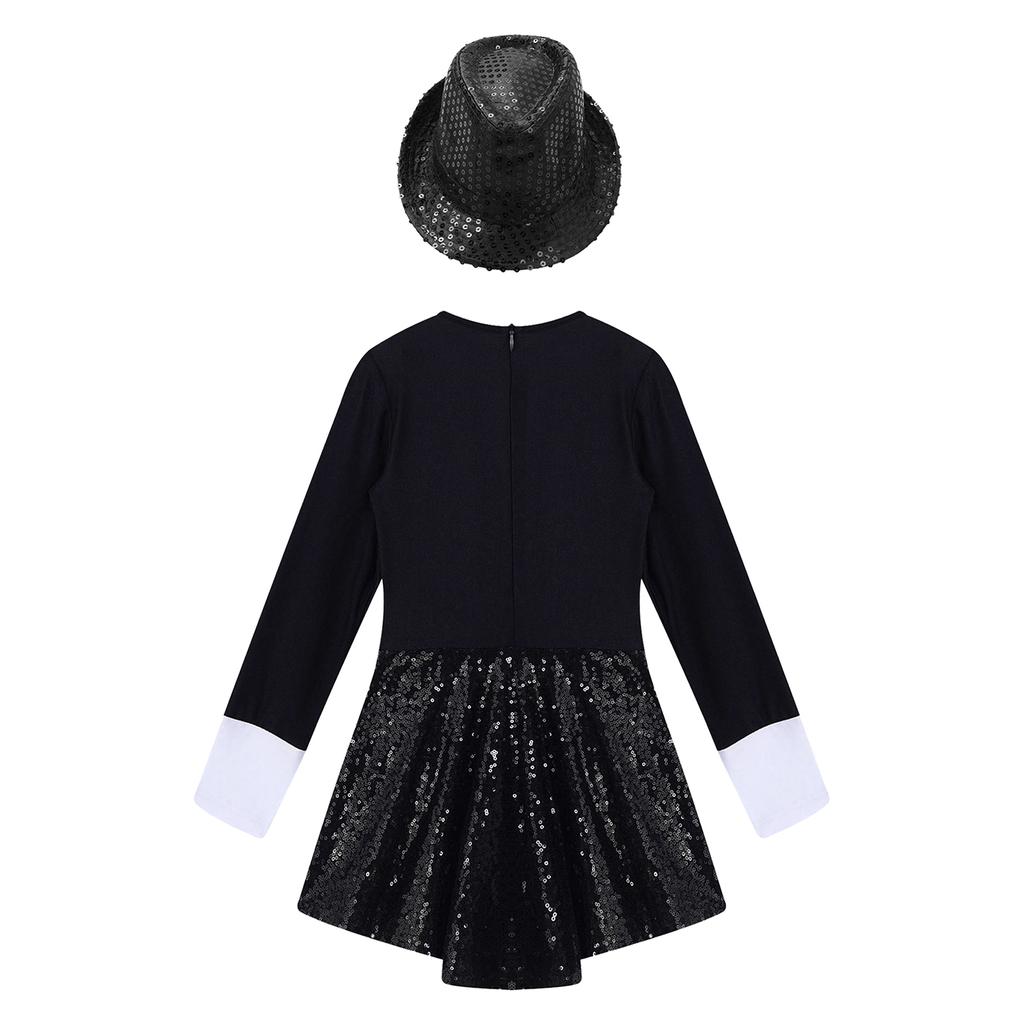 Girls Sequin Patchwork Leotard Long Sleeve Round Neck Bow Tie Zipper Paillette Fedora Hat Role Play Dress Up