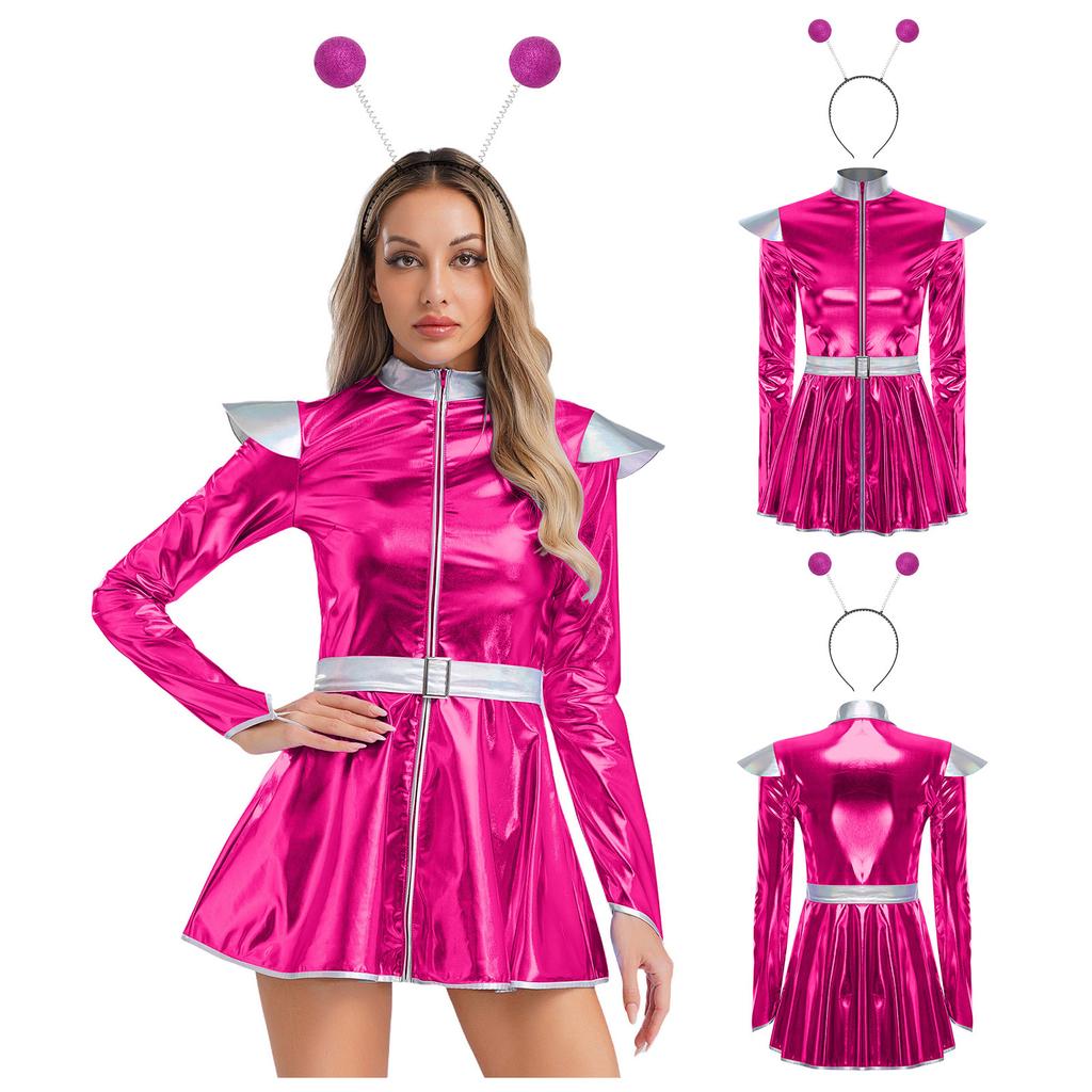 S-XXL Damen Rollenspiel Außerirdischenkleid: Halloween Astronauten Kostüm, Metallisch A-Linie mit Haarreif & Einfachem Frontreißverschluss