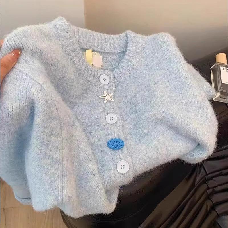 Powder Blue Soft Style Premium Knit Cardigan Women Early Spring Autumn Versatile Sweater