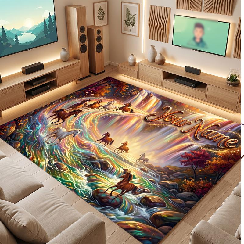 Horse Theme Soft Crystal Velvet Rug Custom Name & Text Print Non Slip Floor Rug for Bedroom Living Room