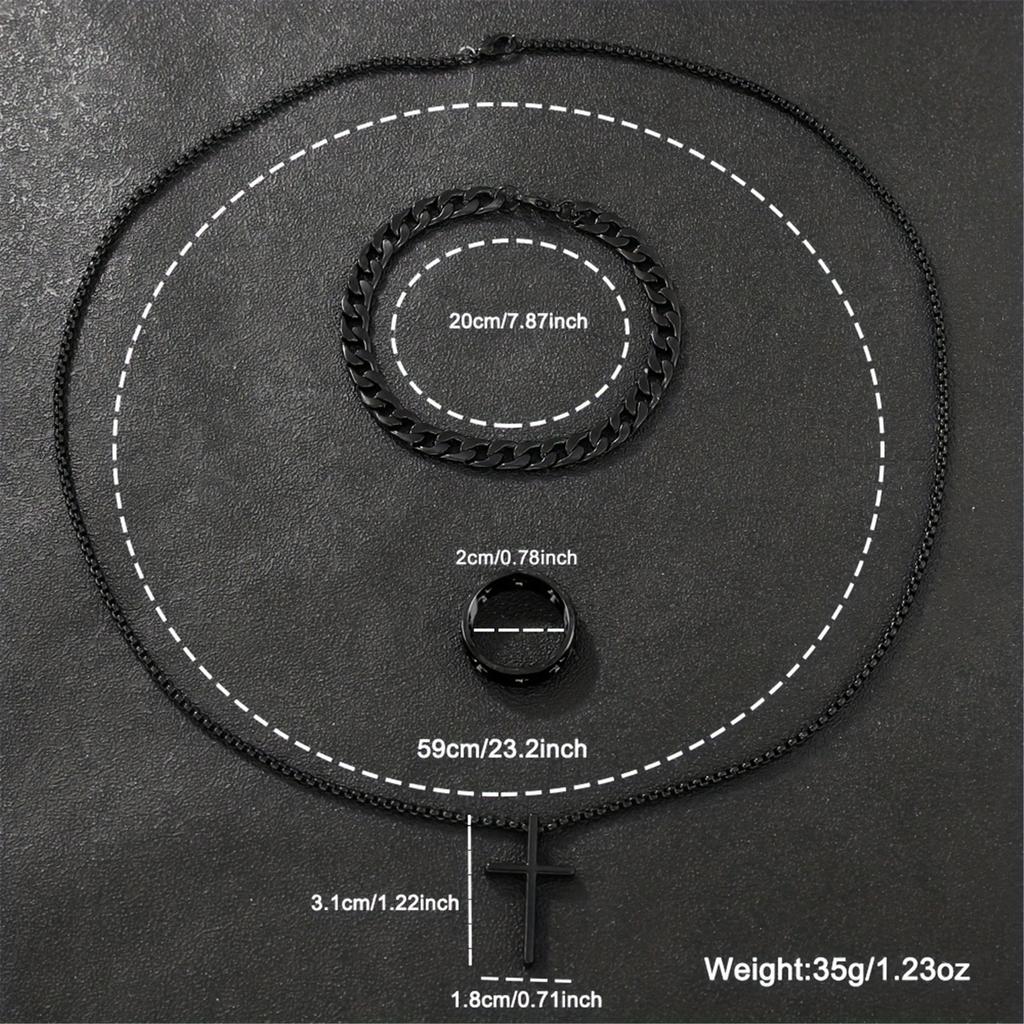 Men Fashion Jewelry Set Featuring Cross Pendant Necklace Bracelet and Rings Gothic Jewelry for Stylish Faith Expression