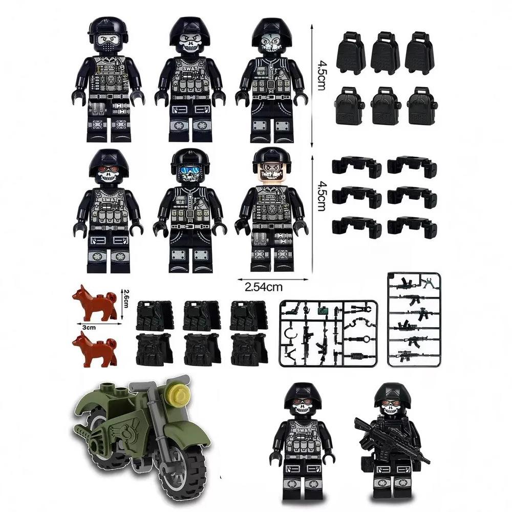 Figurine Militaire Bloc de Construction Soldat SWAT Noir Anti-Émeute Armé Moto Jouet 6 Ensembles Pyp