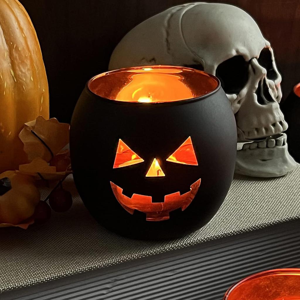 Halloween Table Decor Set of 6, Jack O Lanterns Black Glass Votive Tealight Candle Holders, Halloween Decorations Indoor Party Mantel Coffe Table