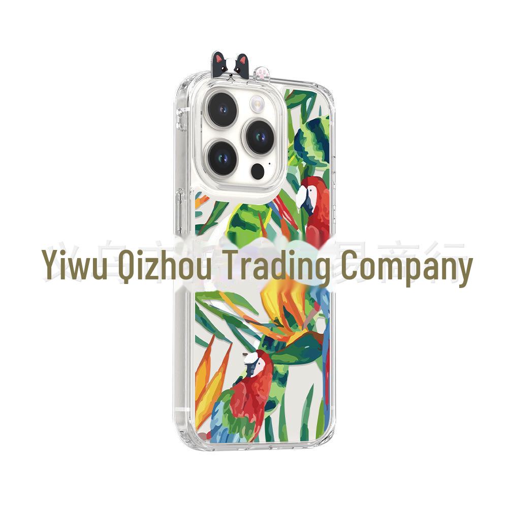 Green Parrot Watercolor Flowers & Birds Phone Case for 15/15pro, Inspired by the Forest's Colorful Ecological Chain.