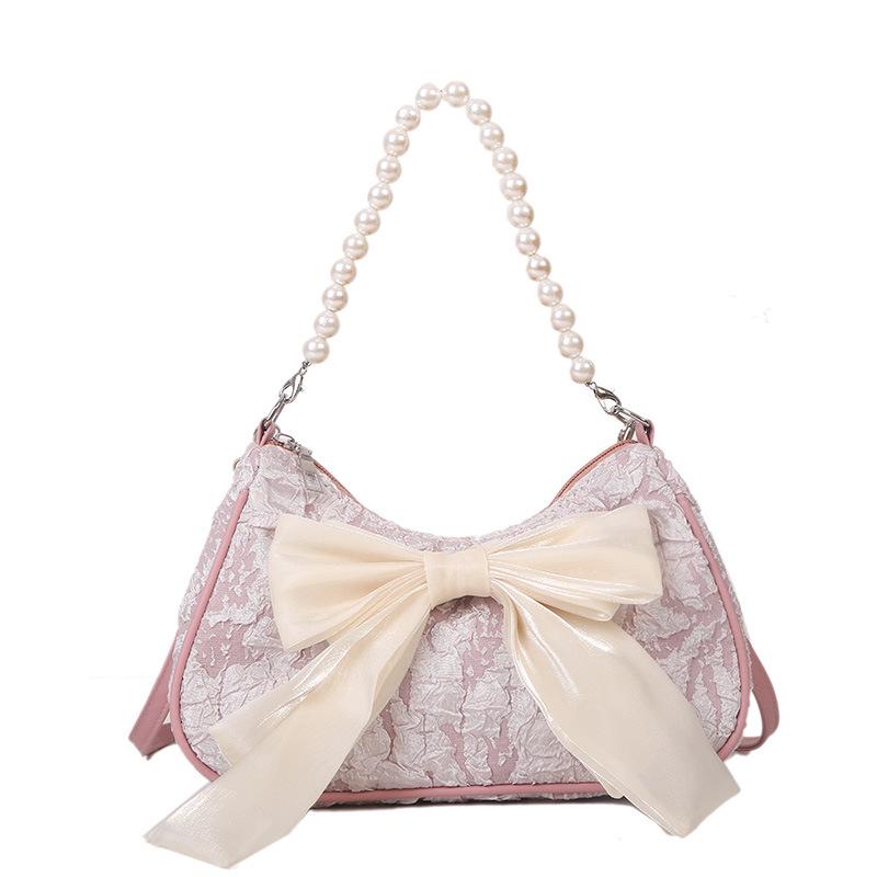 Women's Summer 2026 Trendy Crossbody Bag: Pleated Pearl Handbag with Cute Bow