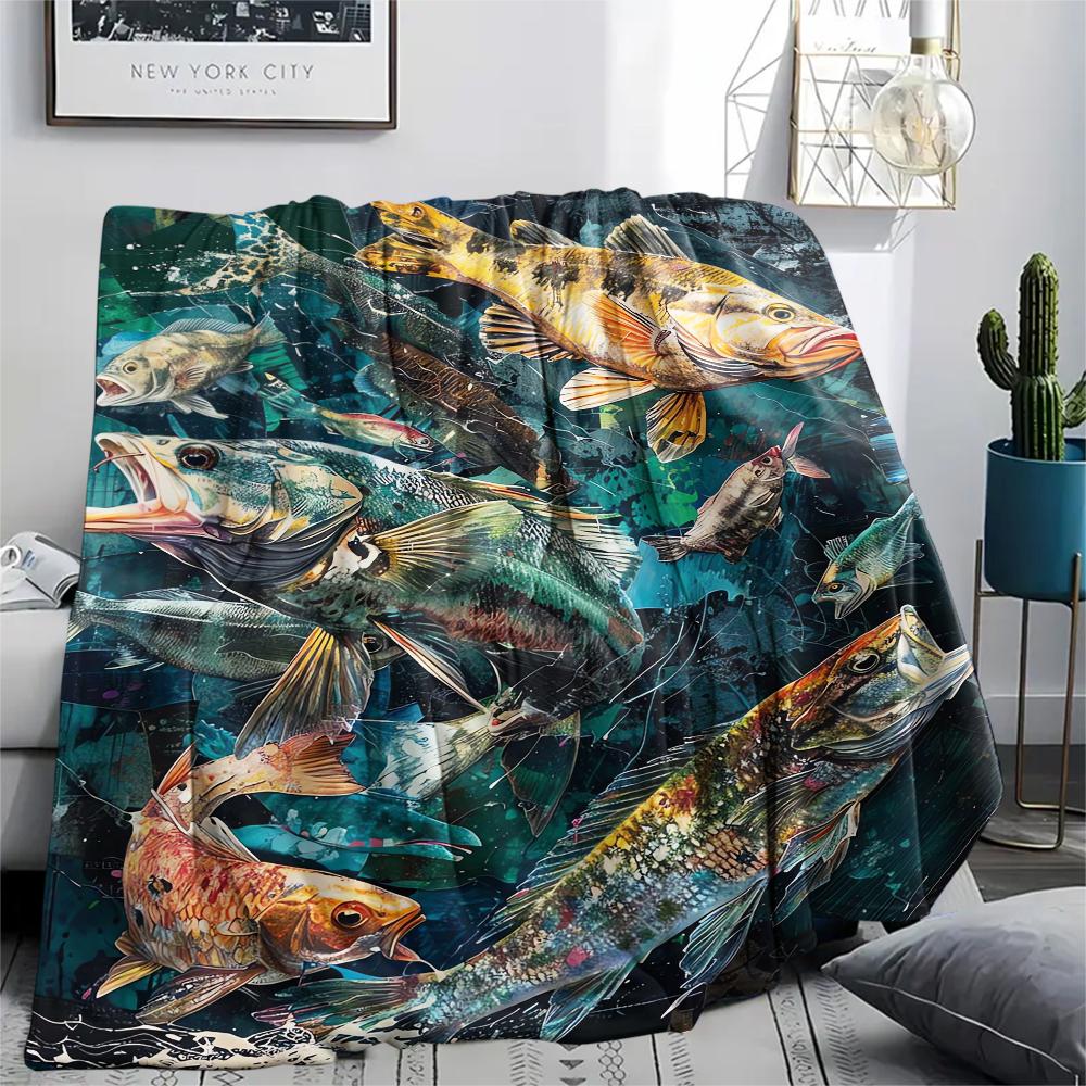 1Pc American Bass Fishing Print Flannel Blanket, High quality Comfortable for All Seasons, Home Decor, Warmth and Comfort, Perfect for Christmas Gifts
