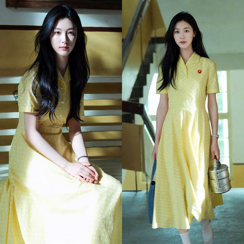

Guo Xiaoting French Retro Yellow Polka Dot Midi Summer Slim Fit Shirt Dress for Women L (57.5-62.5 kg)