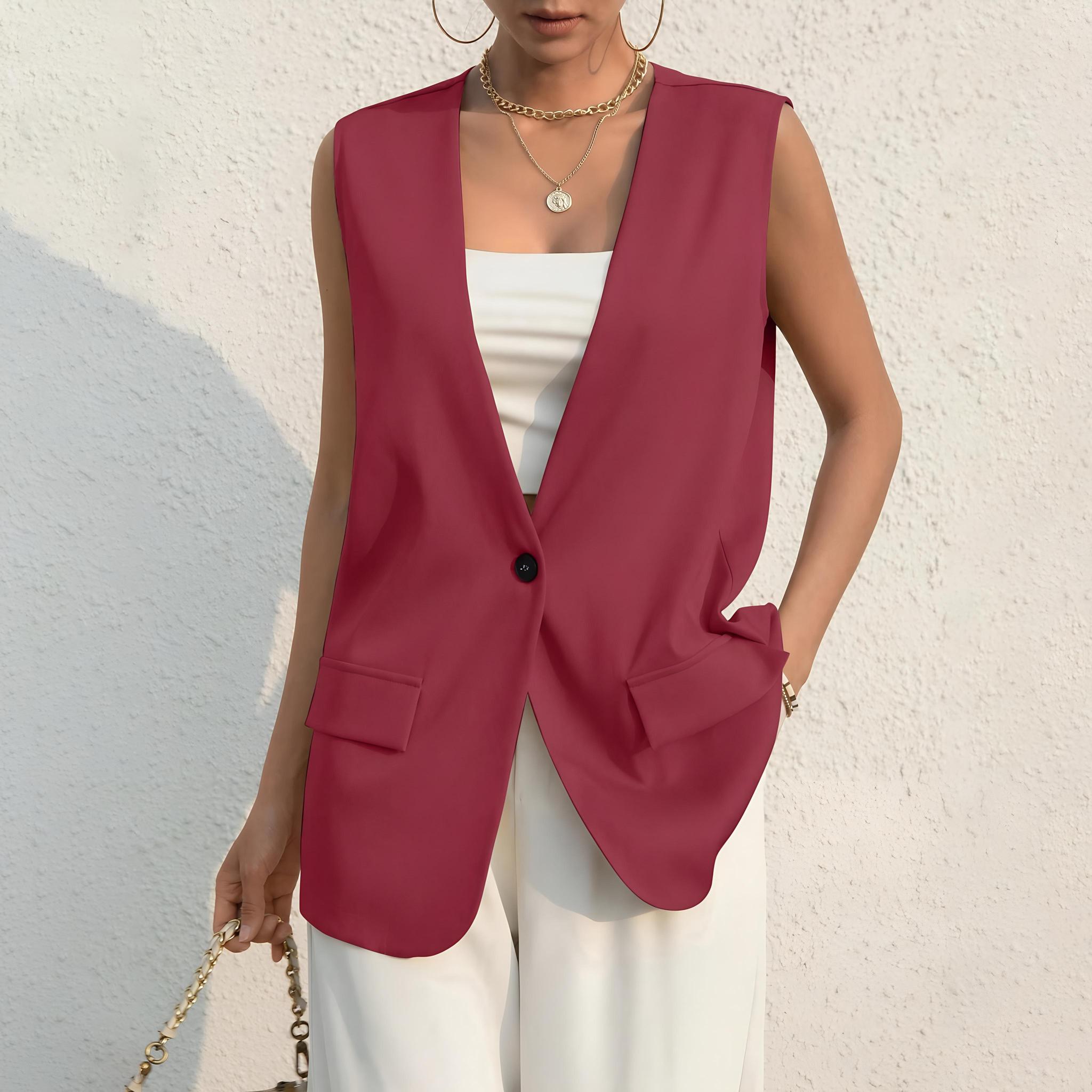 Женский летний костюм, рабочая куртка, повседневный однотонный жилет без рукавов с v-образным вырезом на одной пуговице S