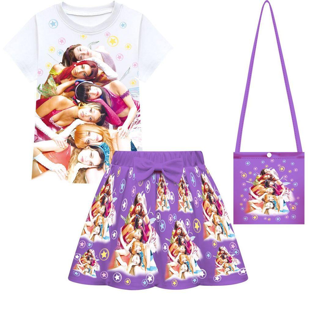 3 Stück/Sets Kinder Mädchen KATSEYE Pop-Sänger Druck Kurzarm T-Shirt Rock Tasche Set