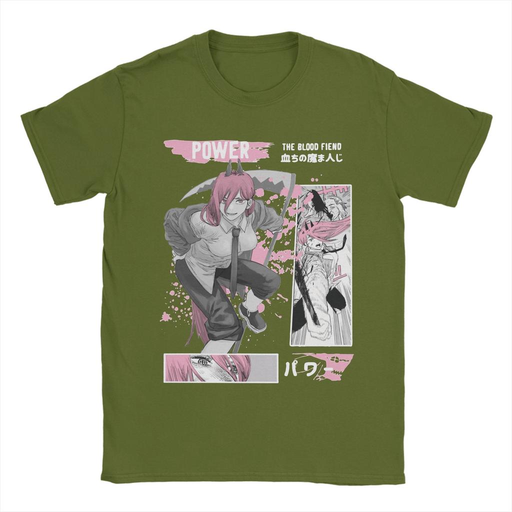 Novelty Power Chainsaw Man T-Shirt for Men O Neck Pure Cotton T Shirts Anime Manga Short Sleeve Tees Plus Size Tops