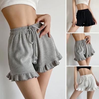 Women's Waffle Knit Shorts Drawstring Elastic Waist Ruffle Shorts Wide Leg Flowy