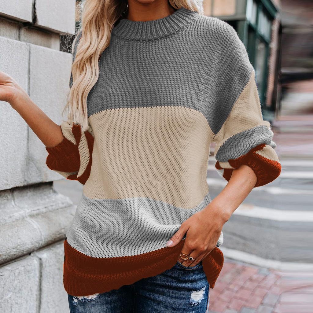 Women's Casual Loose Color Blocking Stripes Large Yards Round Neck Sweater