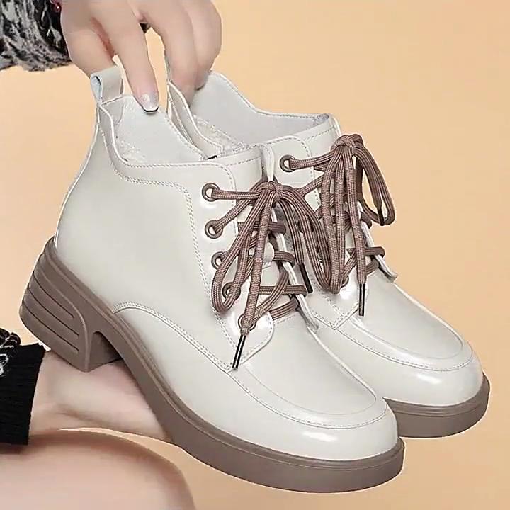 Women's Winter New Thick Heel Thick Bottom Short Boots Comfortable Plus Velvet Cotton Shoes Versatile Patent Leather Large Size Ladies Boots