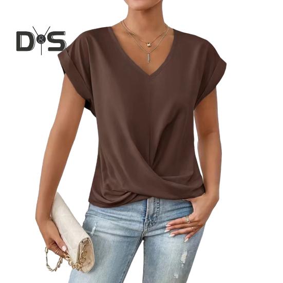 

Женские топы с V-образным вырезом, коротким рукавом, с рисунком морщин, однотонные свободные топы с перекрестными складками, повседневная одежда M