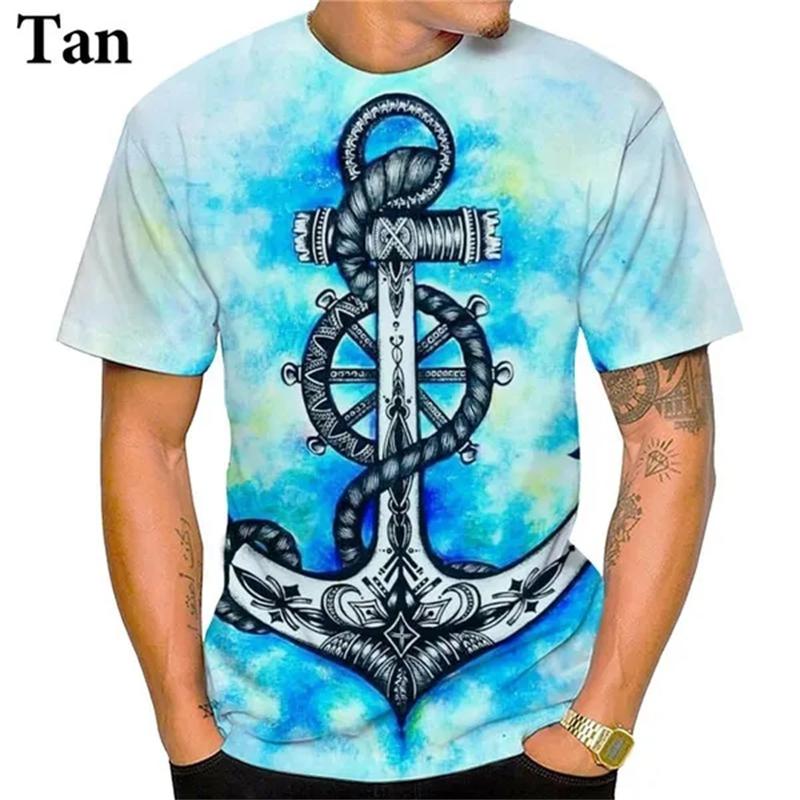 Maritimt anker 3D-trykk T-skjorte Oversize Menn Kvinner Vintage Kortermet Casual T-skjorter Sommer Allsidig O-hals Streetwear Unisex