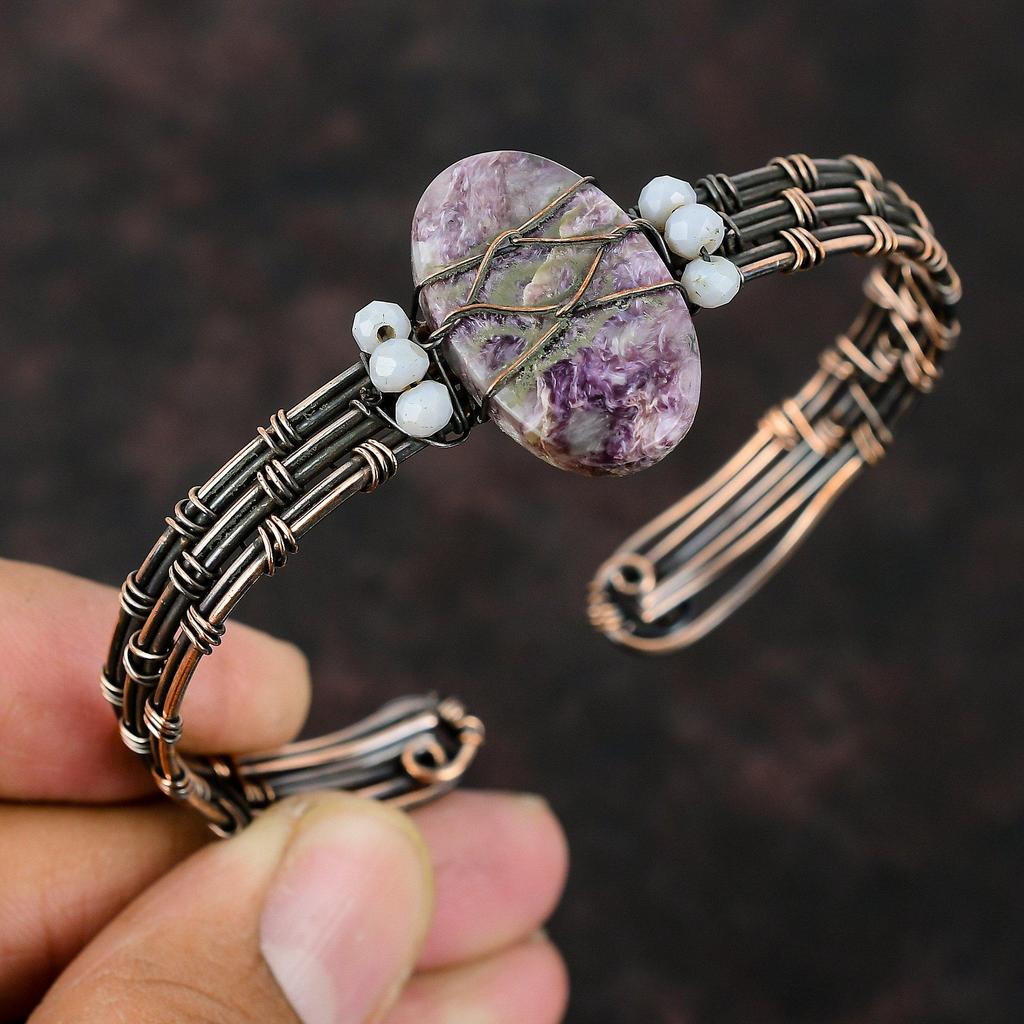 Charoite Cuff Bracelet Blue Lace Agate Beads Bangle Wire Wrap Jewelry Adjustable Bangle Copper Wire Wrapped Bangle Handmade Gemstone Jewelry