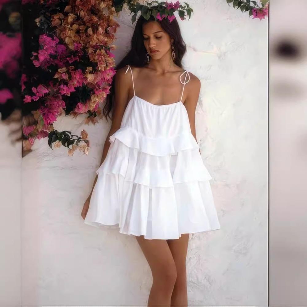 Women's Spaghetti Strap Tiered Ruffle Mini Cake Dress Loose Square Neck Cotton Sundress