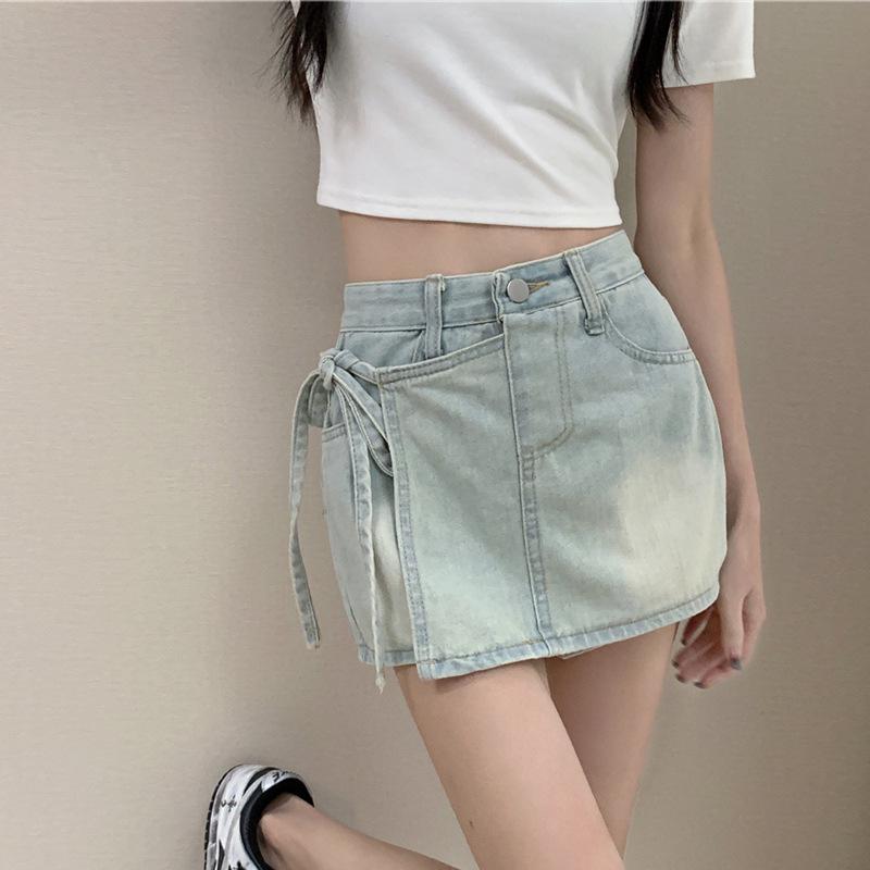 Spicy Girl Women s Petite High-Waist Lace-Up Denim Skort Small светло-синий