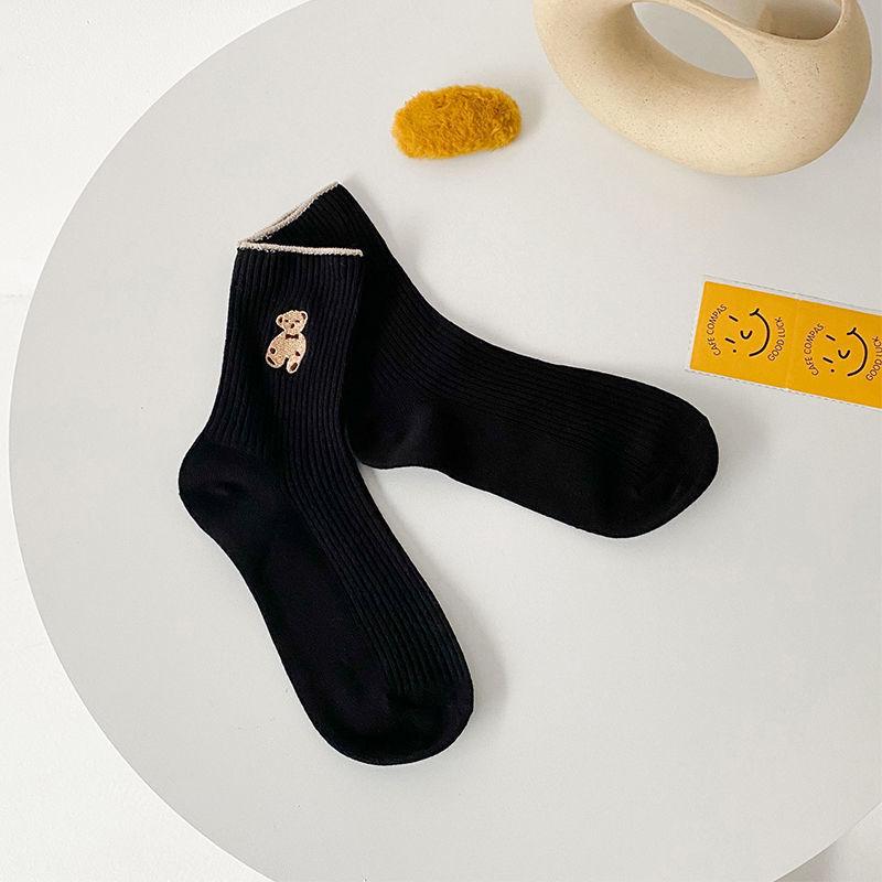 Little Bear Women's Cute Japanese Korean Style Mid-Calf Socks - Spring, Autumn, Summer Solid, Autumn and Winter Options
