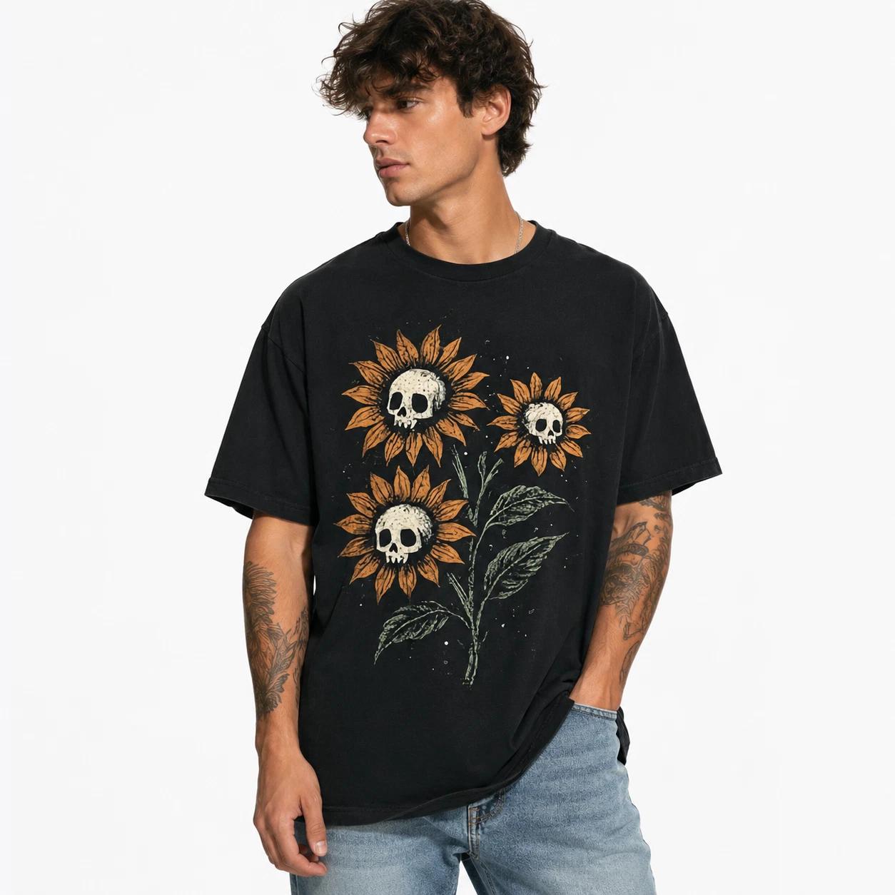 Skull Sunflower Gothic Grunge Y2K Graphic T-Shirt Creepy Cute Goth Alt Aesthetic XS