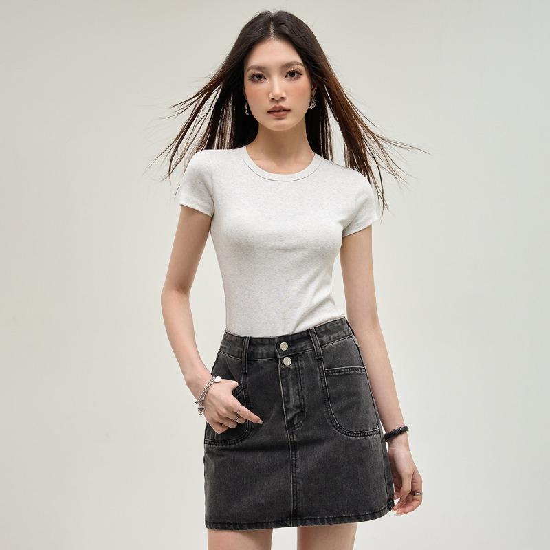 Front Shoulder Short-sleeved Shirt Women's Spring and Summer New Solid Color Versatile Simple Round Neck Slim-fitting Inner Top