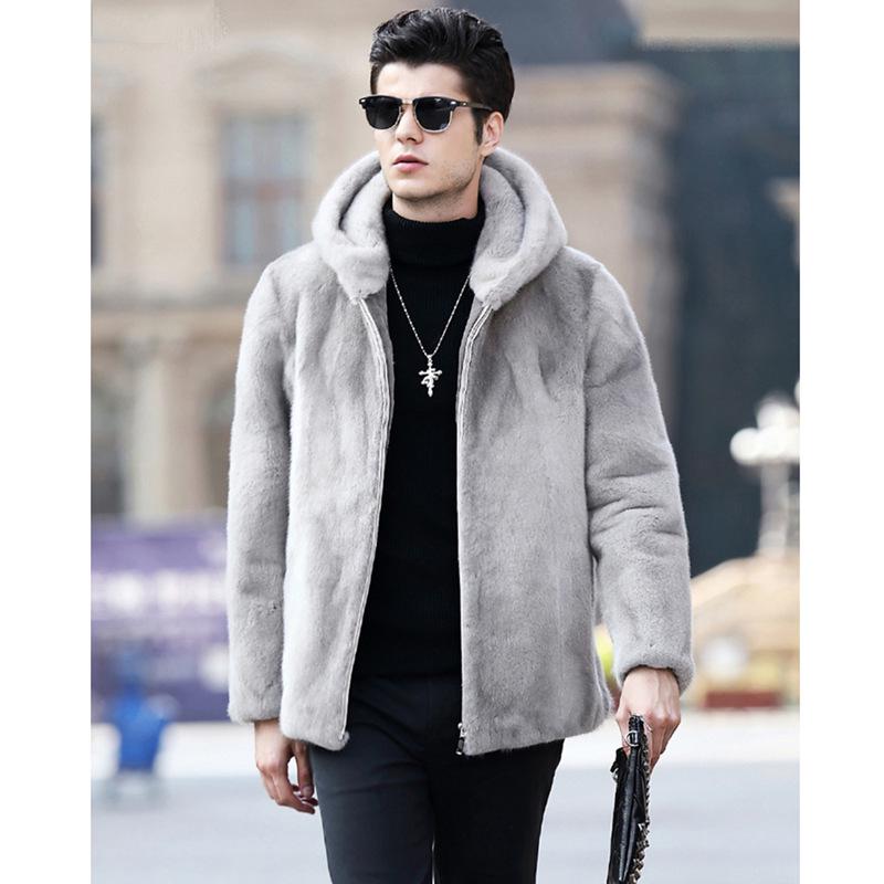 Autumn and winter new men's fur coat imitation mink hair mink coat men's hooded short middle-aged slim coat