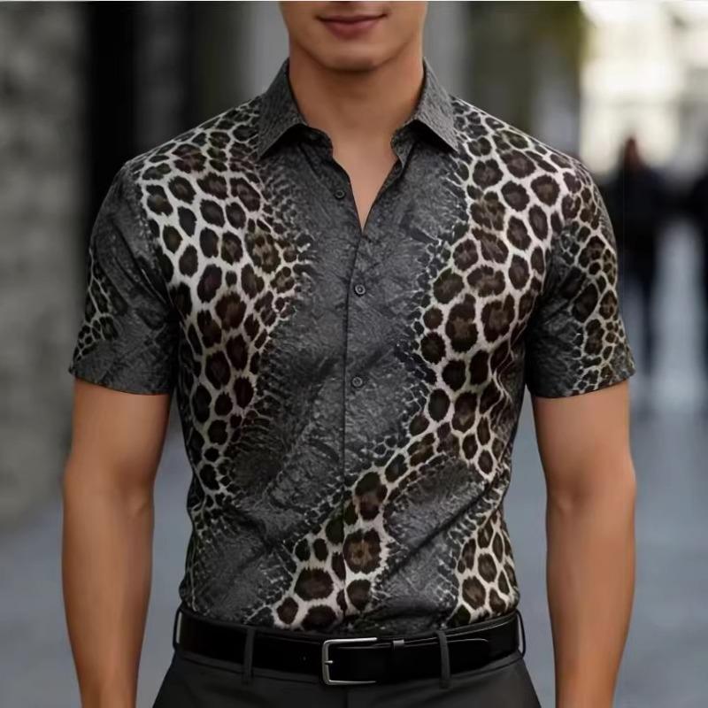 Men S Leopard Print Short Sleeve Slim Fit Wrinkle Resistant Shirt M