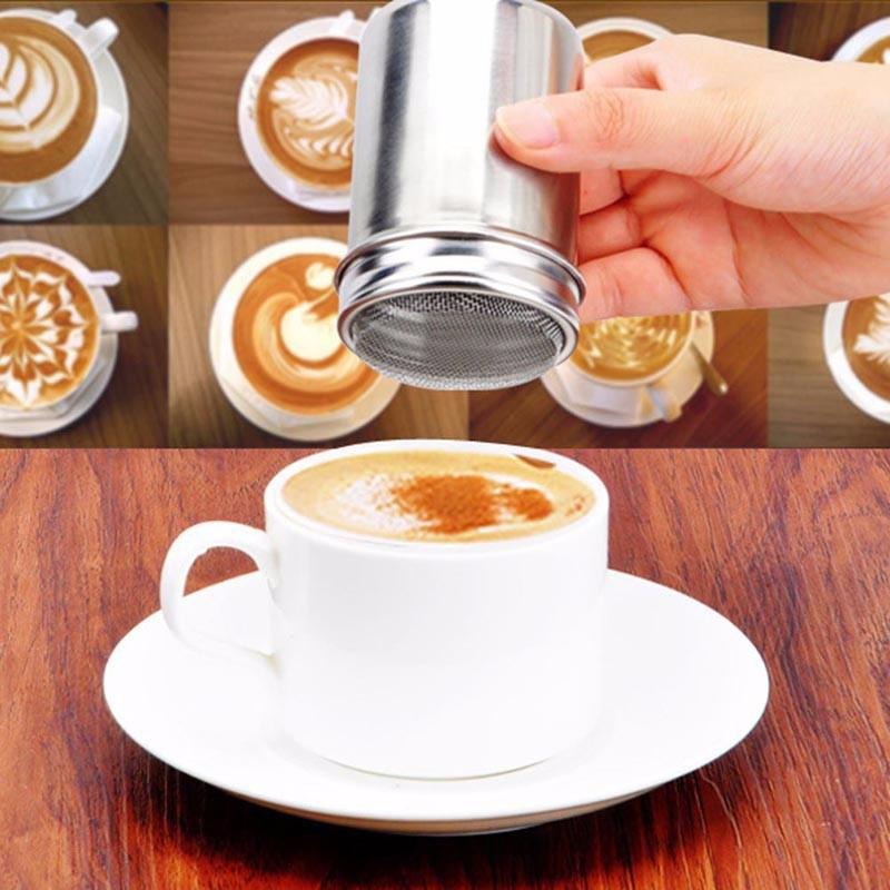 [i Cafilas][SS] 1PC Stainless Steel Chocolate Shaker Cocoa Flour Sugar Powder Coffee Sifter +8 PCS Coffee Stencils Template +1 Gold Spoon