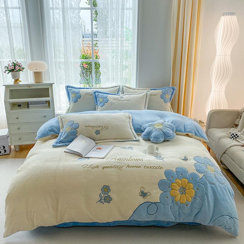Winter Thickened Milk Velvet Embroidered Four-piece Set, Anti-static and Warm, Double-sided Velvet Quilt Cover, Coral Velvet Bedding