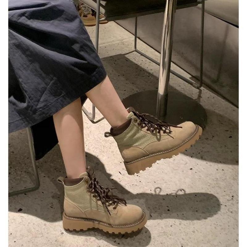 Cowhide Short Boots Double Shoelaces Platform Classic Leather Martin Boots Women's Outdoor Mountaineering Tooling Boots