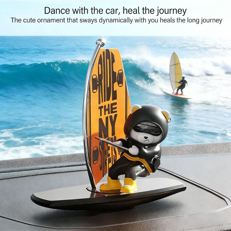 Entertaining Cute Surfing Bear Ornament Car Dashboard Decoration That Swings And Rotates For A Fun Driving Experience