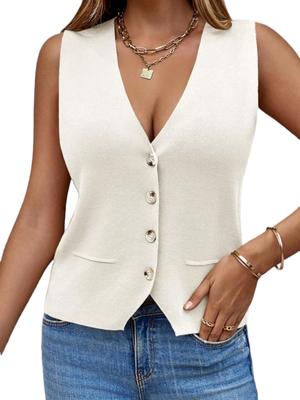 Women's Sleeveless Knit Sweater Vest V Neck Button Down Loose Waistcoat Cardigan