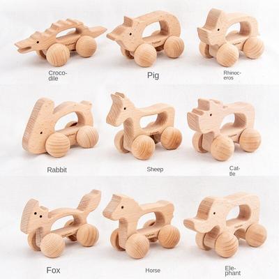 Infant Trolley Toy Beech Car Animal Cartoon Shape Car Early Education Toy