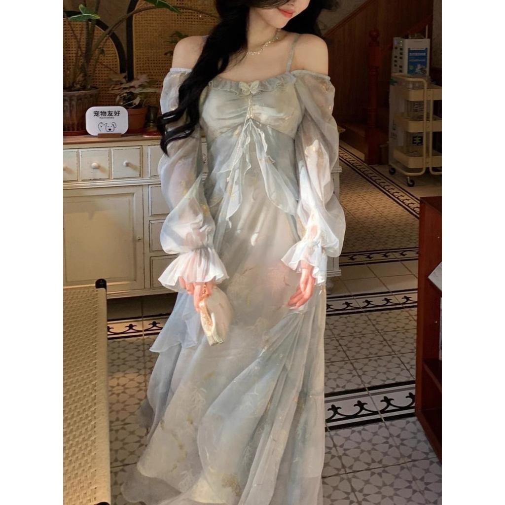 French super fairy smudged mist square collar floral dress women's gentle wind temperament butterfly lotus leaf edge skirt European and American