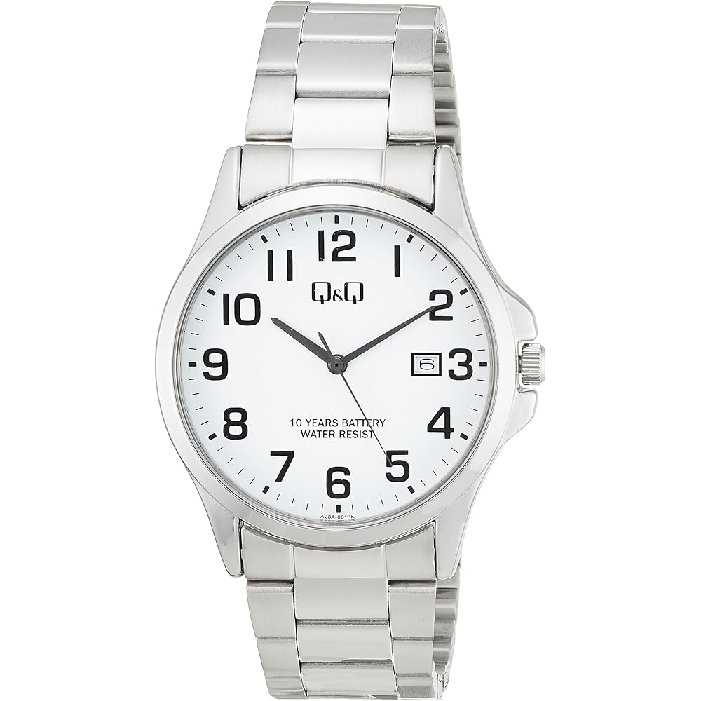 

Citizen Q&Q Analog Watch 10-Year Battery Life Waterproof Date Metal Band A23A-001PK Men s White