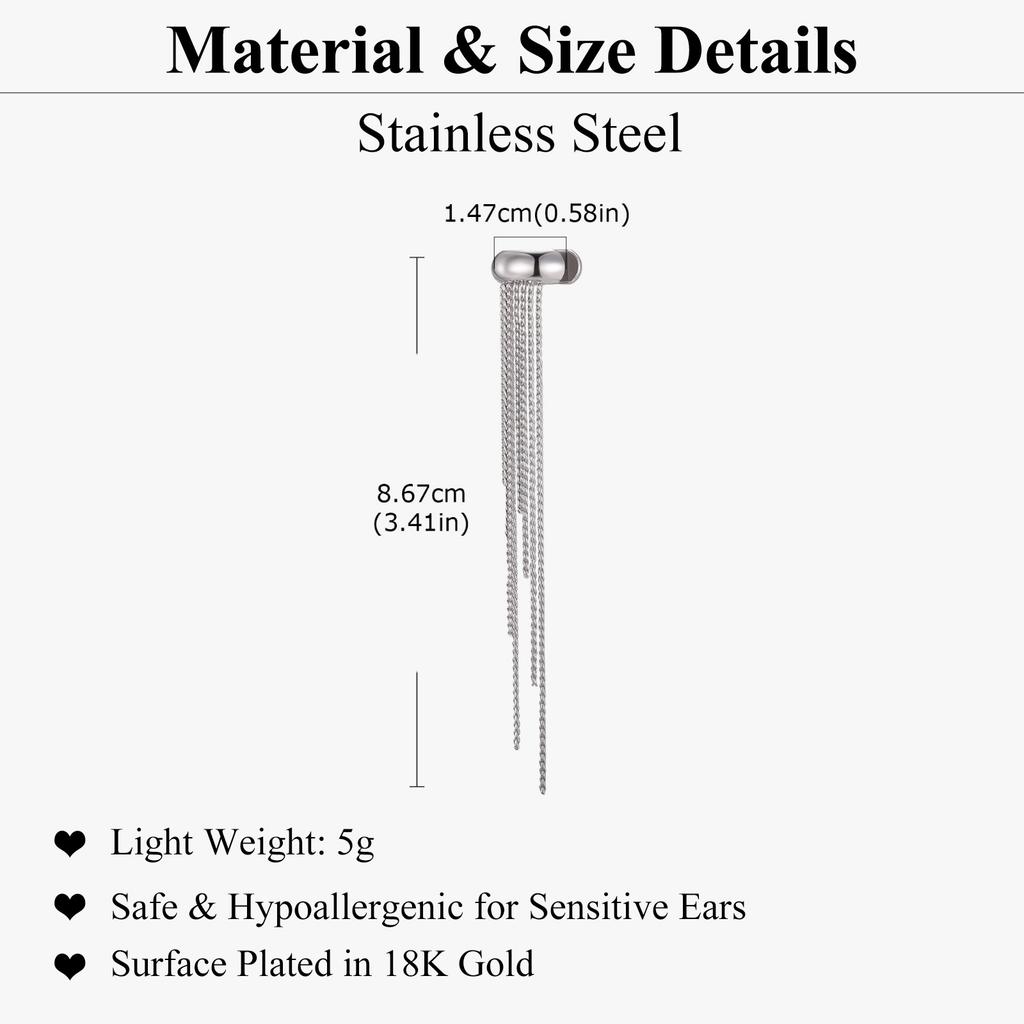 Tassel Ear Cuff Non Piercing Gold Color Long Chain Earrings for Women, Stainless Steel Clip On Ear Wrap Nickel-free