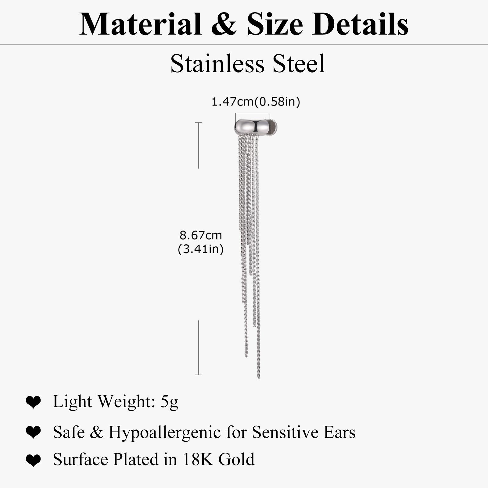 

Nickel-free Ear Cuff Gold Color Long Tassel Drop Earrings for Women, Stainless Steel Non-Piercing Clip On Earrings