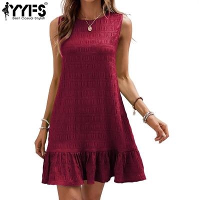 Damenmode Sommer Frühling Einfarbig Druck Ärmellos O-Ausschnitt Lose Taille Freizeitkleider