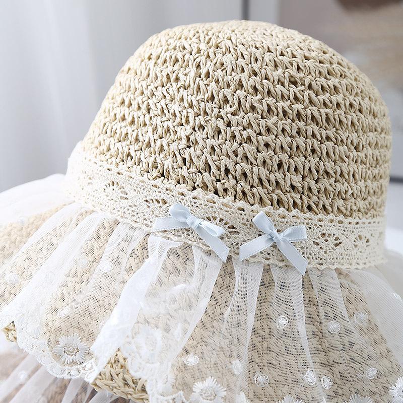 Bucket Hat Women's Summer Hat Lace Bow Straw Sun Hat Fisherman Cap Wide Brim Sunscreen Seaside Holiday Beach Accessories
