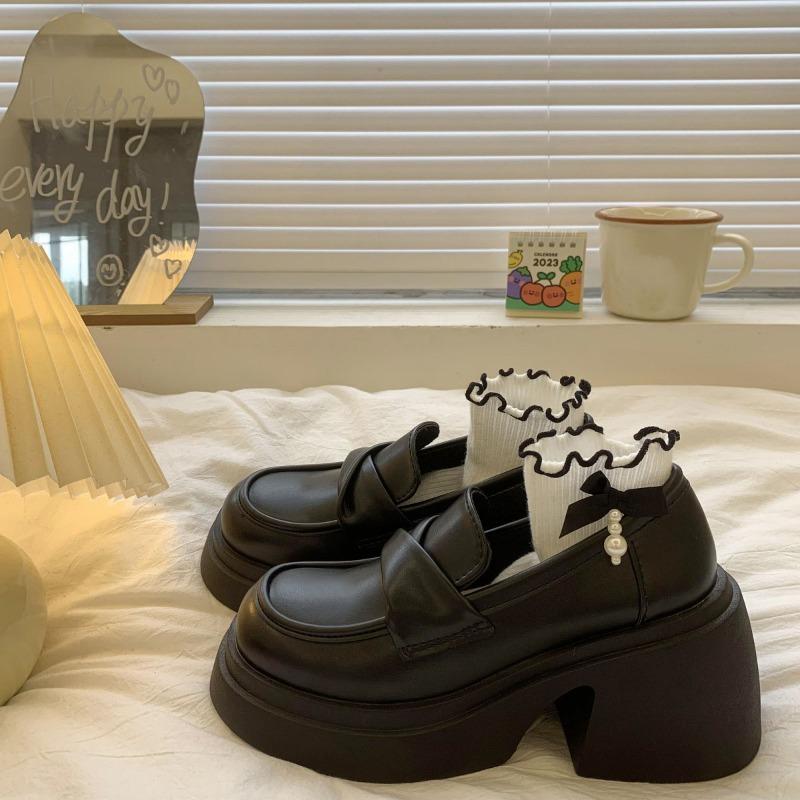 Fashion Women's Shoes French Style Thick Bottom Beige Leisure Mary Janes British Spring Summer Office Lady Loafers Slip on Shoes 35 40