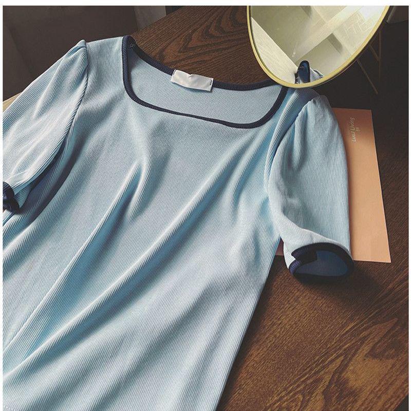 

Модный женский топ с коротким рукавом и квадратным вырезом, в стиле колор-блок - Корейский стиль, свободный крой для весны/лета XL (115-130 jin)