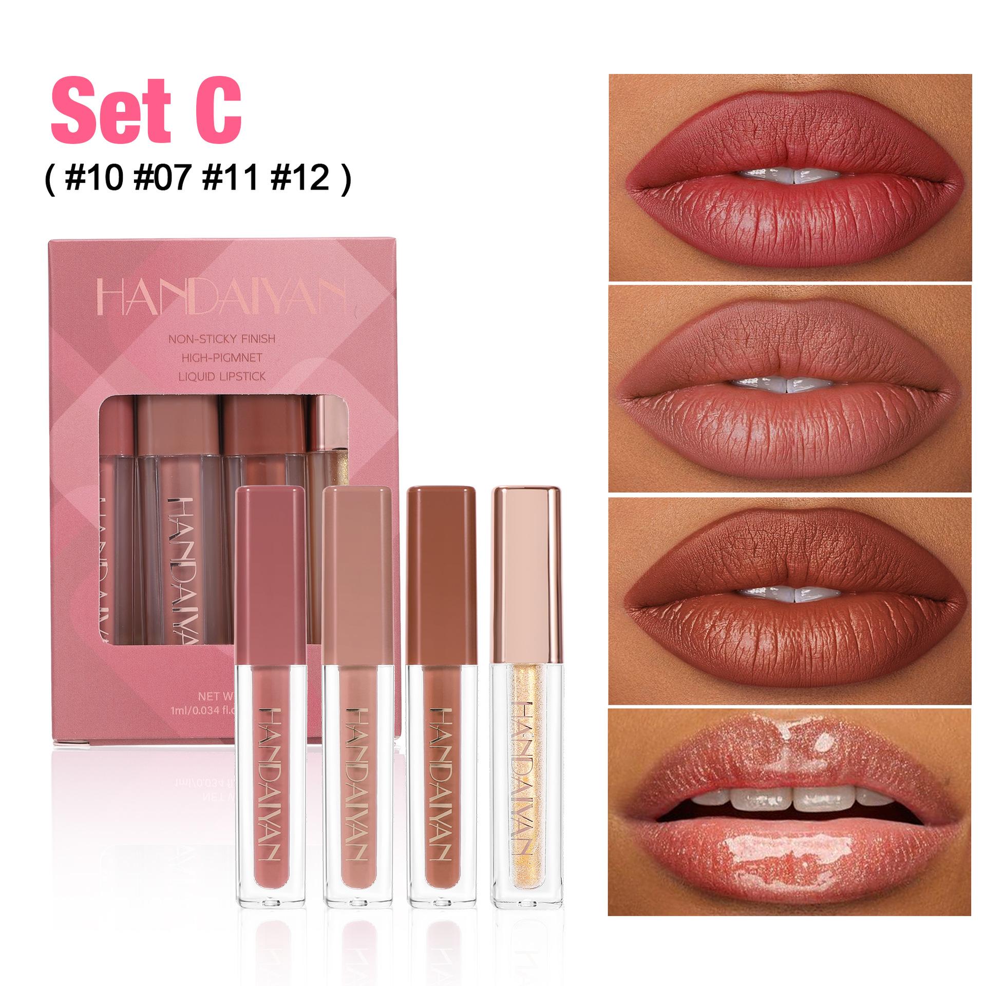 

HANDAIYAN 4 Matte Velvet Lip Glaze Set Easy Color Long Lasting Waterproof Sweatproof Non-Stick Lip Glaze Set C