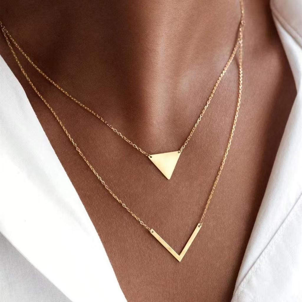 Elegant Geometric V-Shape Triangle Pendant Double Layer Necklace with Delicate Chain