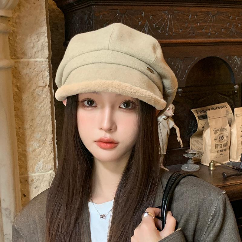 

Осенне-зимняя уличная теплая восьмиугольная шляпа модная универсальная для маленького лица берет высококлассная плюшевая с маленькими полями шляпа художника