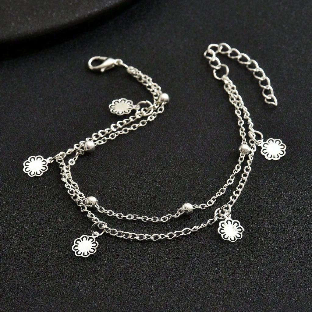 1 Pc Double Layer Anklet With Flower Charms Romantic Sweet Unique Personal Fashion Accessories,Suitable for All Seasons