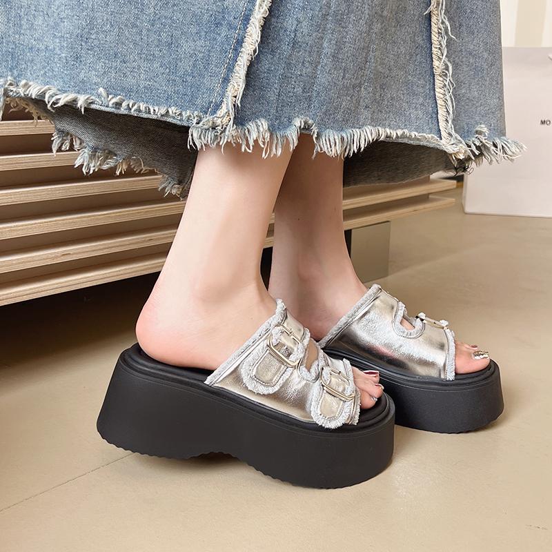 Fashion Platform Flip-flops Women's Summer Wear New Fashion Round Head Open Toe Metal Buckle Heightened Non-slip Cool Mop
