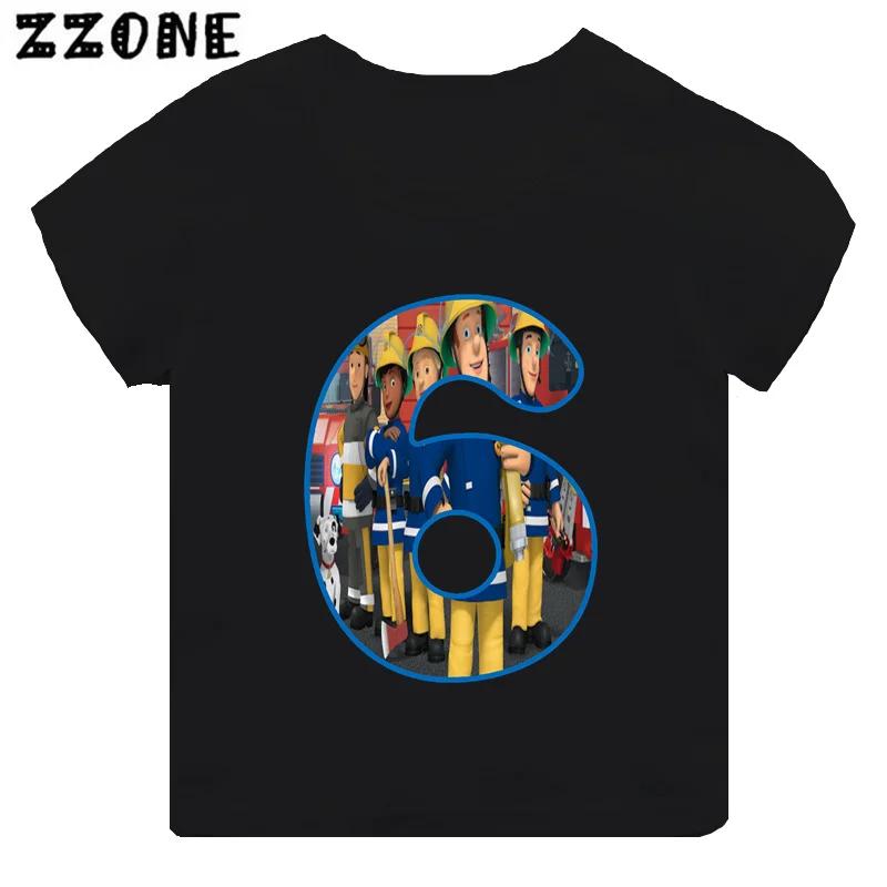 Fireman Sam Firefighter Print Cartoon Boys Clothes 1 2 3 4 5 6 7 8 9 Years Birthday Number Kids T shirt Cute Baby Girls TShirts