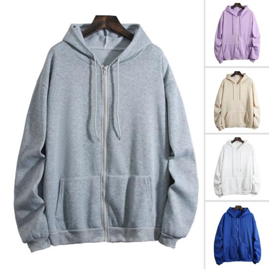 Men Hoodie Coat Solid Color Zipper Long Sleeves Cardigan Pockets Keep Warm Drawstring Hooded Plush Spring Coat Male Clothes